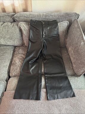 Zara Black Faux Leather Trousers with Buttoned Waist Tab
